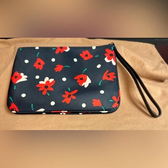 Kate Spade NWOT Wristlet/Clutch Blue with Red, Pink, Green Flowers & White Dots - Picture 2 of 14